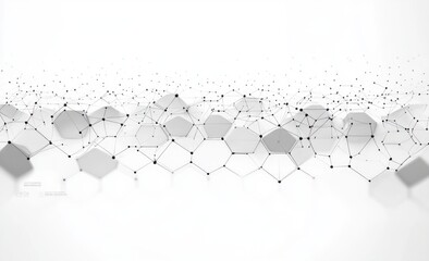 Abstract geometric network with interconnected hexagonal shapes and nodes on a white background representing a complex web or molecular structure