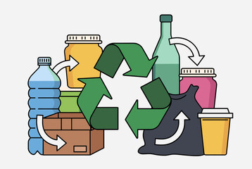 A detailed illustration of various items being recycled, including plastic, glass, cardboard, and general waste, centered around a green recycling symbol.