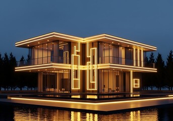 Modern residence with illumination reflecting on the water's surface