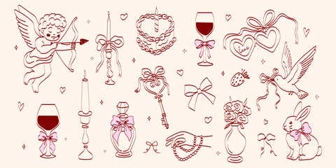 Hand-drawn coquette wedding illustrations. Vintage cute motifs with ribbons and bows in a simple crayon sketch style. Trendy art for Valentine's Day and bachelorette party invitations.