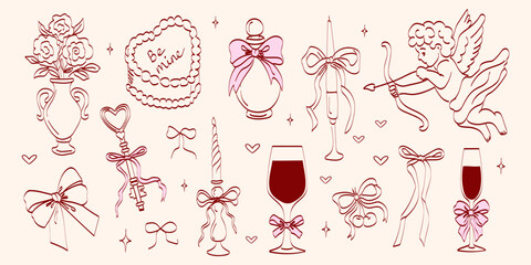 Coquette wedding elements in hand-drawn style. Features vintage cute symbols, ribbons, and bows crayon sketches. Trendy design for Valentine's Day and bachelorette invitation templates.