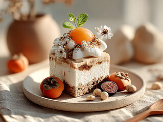 a dessert on a plate, surrounded by various fruits, nuts, and decorative flowers. The scene is set on a tablecloth, creating a visually appealing and cozy atmosphere.