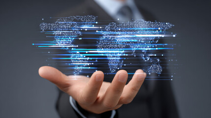 Businessman hand holding glowing digital world map hologram. global network representing future of business, finance, and international technology connection