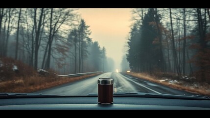 Thermos flask sitting on car dashboard with a misty road and leafless trees on both sides under a soft overcast sky