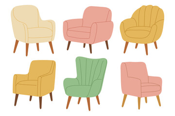Different types of chairs displayed in fun colors and shapes arranged in two rows