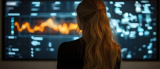 Woman with long blonde hair tied in a ponytail observing glowing orange and white financial data graphs on a large digital screen in a dark room