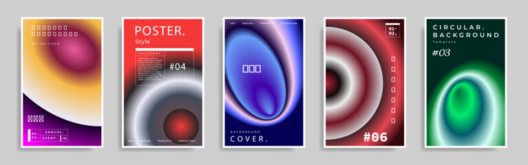 Colorful radial gradient poster design collection. Modern circle color gradation graphic element. Vibrant circle backdrop bundle for cover, presentation, or advertisement illustration..