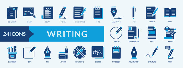 Writing thin icon set containing notebook,fountain pen,signature,write
