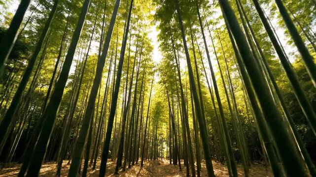 Sunlight filtering through a dense bamboo forest creates a serene and natural atmosphere