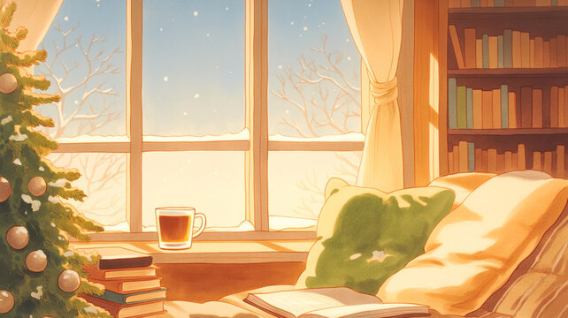 冬の休日を暖かな室内でくつろぎながら過ごす癒しの映像素材｜ブランケット、読書、温もりの空間、日常の美しさ、窓越しの雪景色、暮らしの情景、ライフスタイル、落ち着いた空気感