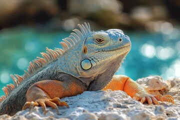 Fototapeta premium Close-up of a colorful iguana resting on a rock with detailed scales and spines against a blurred bright blue water background