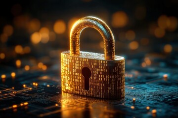 Golden padlock with binary code patterns glowing on a digital circuit board symbolizing cybersecurity and data protection