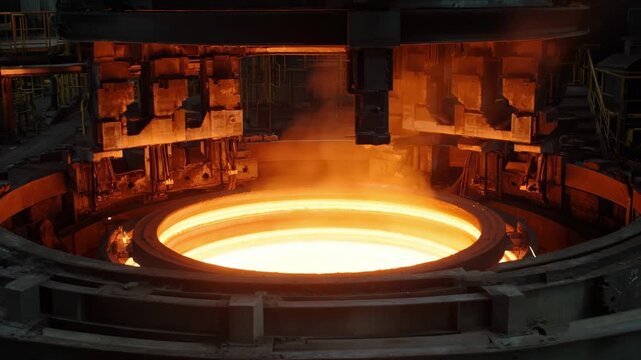 Induction ladle preheating captured in medium shot focusing on electromagnetic coils generating heat for rapid and precise temperature control.