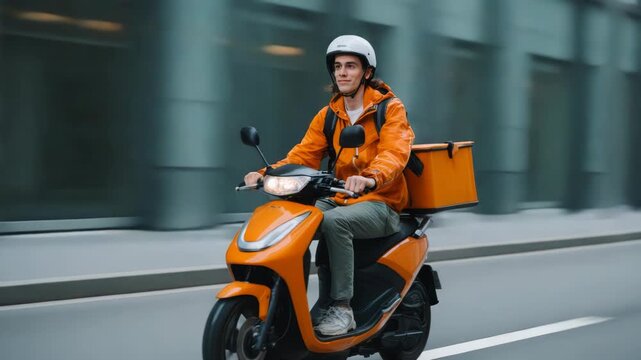 Food Delivery Guy on Scooter in City Delivering Order on Bright Day