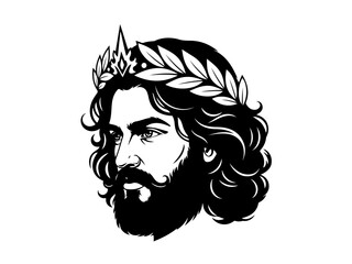 Black and white profile illustration of a bearded man wearing a crown and laurel wreath, depicting a king or deity.