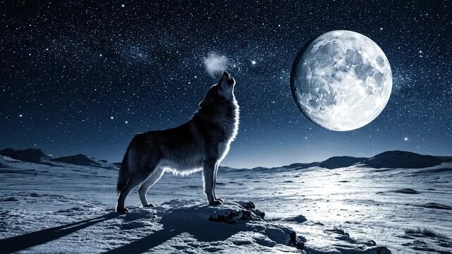 A solitary wolf howling at the bright full moon under a starry night sky on a desolate, snowy landscape
