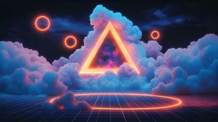 Futuristic neon glowing triangle and circles floating among soft pastel clouds over a digital grid landscape at night, evoking mystery and wonder