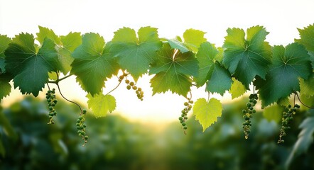 Close-up of green grapevine leaves with small, unripe grape clusters hanging down against a softly lit, blurred natural background