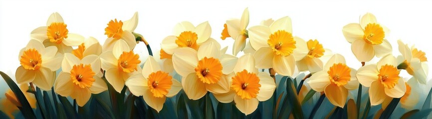 Fototapeta premium pale yellow daffodils with vivid orange trumpet centers clustered against a clean white background conveying cheerful spring freshness