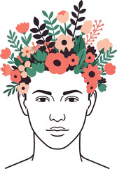 Artistic line drawing of a person's face topped with a vibrant bouquet of colorful flowers and greenery isolated on white background