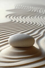 smooth oval stone resting on rippled sand with concentric circles and flowing raked lines, soft shadows and neutral tones conveying calm serenity