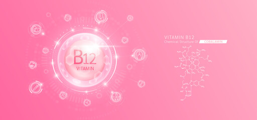Synthetic natural vitamin B12 in hexagonal dome pink. Surrounded by fruit, vegetable, syringe, pills and IV bag icons. Chemical structure of Cobalamin. Medical scientific concepts. Vector.
