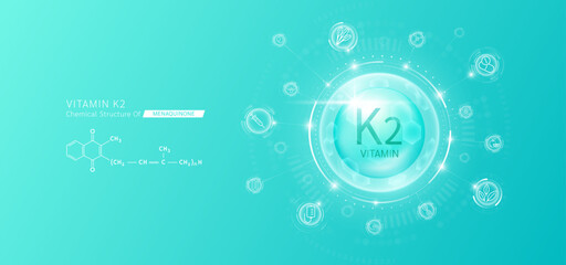 Synthetic natural vitamin K2 in hexagonal dome blue. Surrounded by fruit, vegetable, syringe, pills and IV bag icons. Chemical structure of Menaquinone. Medical scientific concepts. Vector.