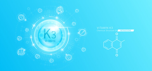 Synthetic natural vitamin K3 in hexagonal dome blue. Surrounded by fruit, vegetable, syringe, pills and IV bag icons. Chemical structure of Menadione. Medical scientific concepts. Vector.