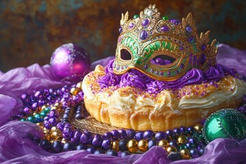 Festive decorated cake topped with ornate jeweled carnival mask, purple frosting, colorful beaded necklaces and glittering baubles on purple fabric, opulent celebratory mood