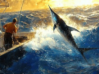 Fototapeta premium Angler on a boat battles a leaping marlin amid crashing blue waves and golden sunrise, a dramatic adrenaline-filled deep sea struggle