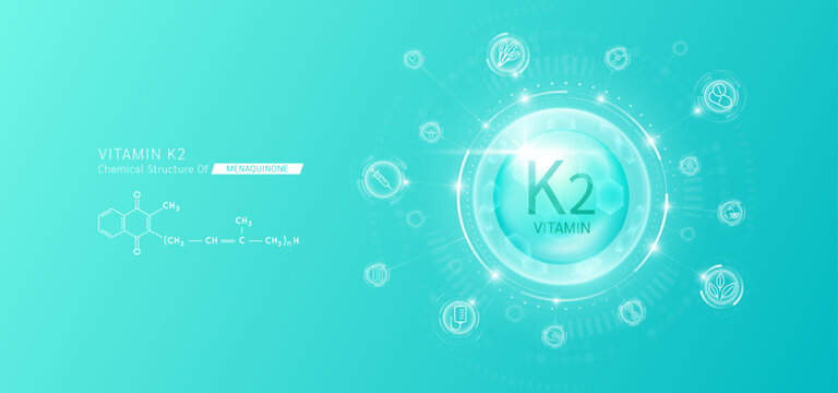 Synthetic natural vitamin K2 in hexagonal dome blue. Surrounded by fruit, vegetable, syringe, pills and IV bag icons. Chemical structure of Menaquinone. Medical scientific concepts. Vector.