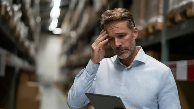 Worried Man Using Tablet in Warehouse Facing Supply Chain Issues