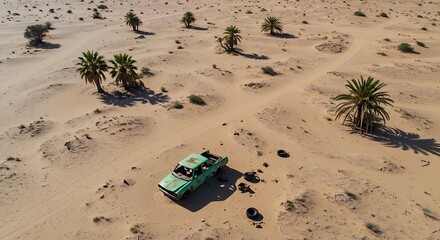 Aerial view depicts sandy desert terrain with palm trees and a decaying, turquoise-green vehicle