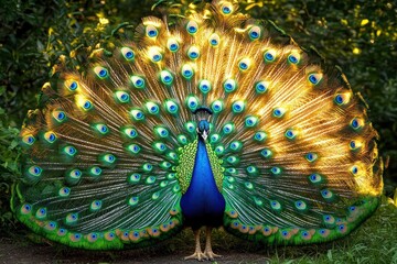 Obraz premium Majestic peacock proudly displaying full iridescent tail feathers fanned wide in sunlit foliage, vibrant blue and gold eye spots, striking and regal wildlife portrait