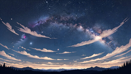 Time Lapse Night Stars Milky Way Galaxy Clouds Astrophotography vector illustration.