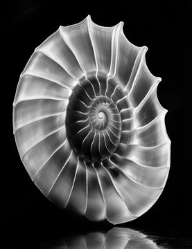 polished chambered spiral shell isolated on black with radiating ridges and reflective base, elegant organic symmetry, mesmerizing and serene