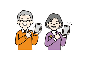 スマートフォンの画面を指差す、60代・70代の男女の上半身ベクターイラスト素材セット＿カラー