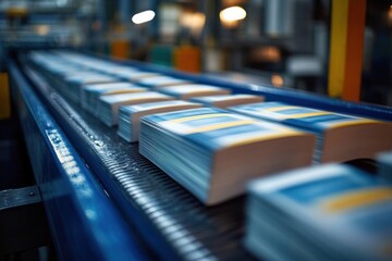 stacks of freshly printed booklets on a blue conveyor belt in a busy factory printing line conveying efficiency and motion