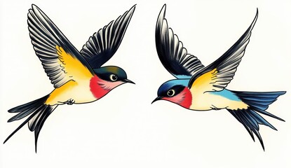 Obraz premium Two colorful swallows in mid-flight facing each other with outstretched wings over a white background, graceful and playful