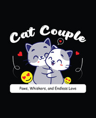 Cute cat couple hugging with hearts romantic cartoon illustration for love and relationship concepts
