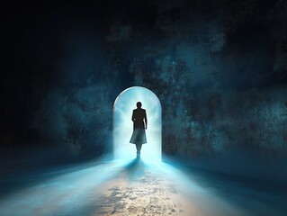 Silhouette of a solitary person in a long coat walking through an arched doorway into intense blue light, casting long shadows across a misty textured corridor, evoking mystery and hope