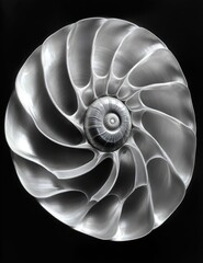 Obraz premium glowing translucent nautilus shell cross-section with spiraling smooth chambers on a deep black background, elegant and mysterious