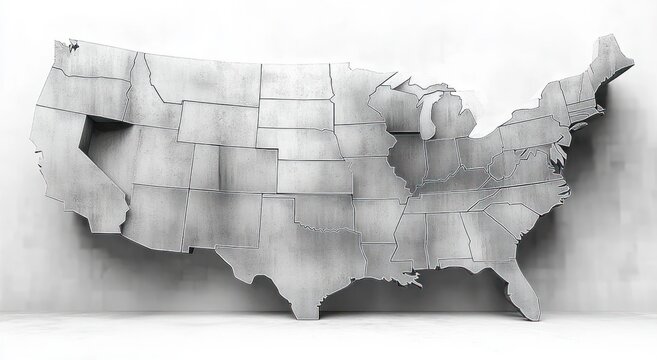 three-dimensional metallic map of the contiguous united states with visible state borders and industrial textured panels casting stark shadows, minimalist and somber mood