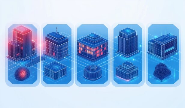 Digital futuristic city buildings in blue neon grid layout with glowing lines connecting structures and abstract spherical shapes, representing smart urban technology - Powered by Adobe