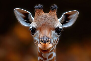 Close-up portrait of a young giraffe with large expressive eyes and detailed fur texture against a blurred dark brown background
