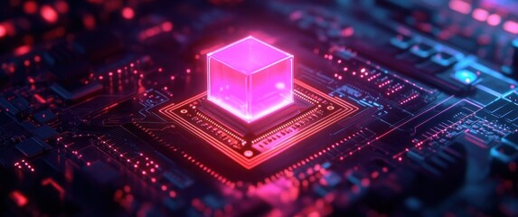 Glowing pink transparent cube placed on a futuristic electronic circuit board with neon red and blue illuminated pathways
