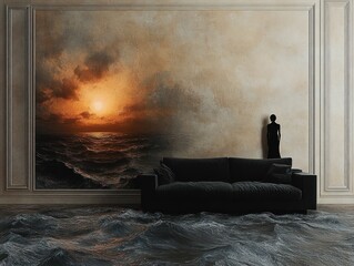dark moody room with turbulent ocean floor, large painting of stormy sea sunset on wall, black sofa and silhouette of standing figure