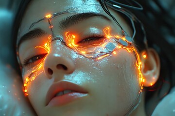 Close-up of a young person's face with glowing orange circuit-like patterns on wet skin, eyes closed, evoking a futuristic and serene mood