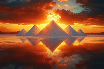 Five pyramids with glowing sunrise behind them reflecting on a calm water surface under dramatic orange and dark clouds