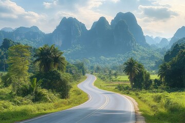 Winding road passing through lush green tropical landscape with palm trees and dramatic mountain peaks under a partly cloudy sky